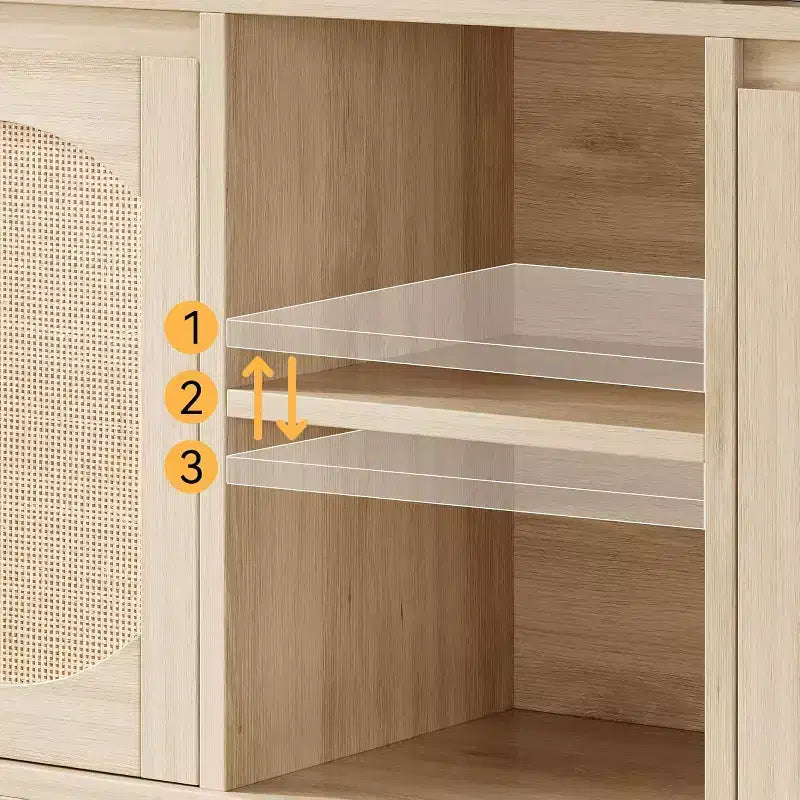 Buffet en bois et rotin avec 2 portes et 3 tiroirs, 130 cm (P) x 47 cm (L) x 22 cm (H)