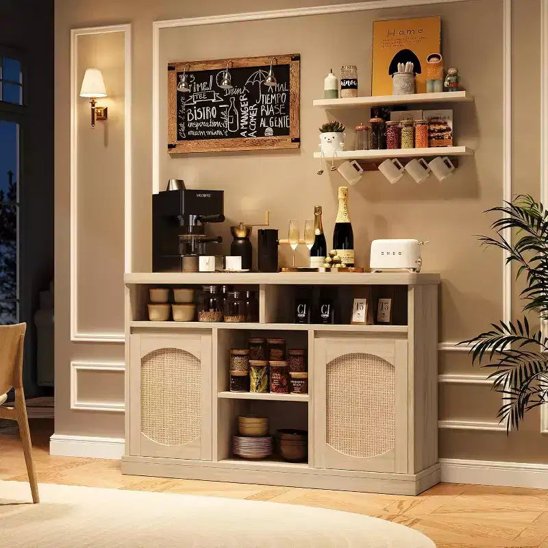 Buffet en bois et rotin avec 2 portes et 3 tiroirs, 130 cm (P) x 47 cm (L) x 22 cm (H)