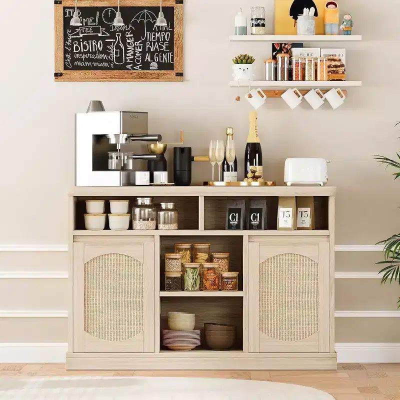 Buffet en bois et rotin avec 2 portes et 3 tiroirs, 130 cm (P) x 47 cm (L) x 22 cm (H)