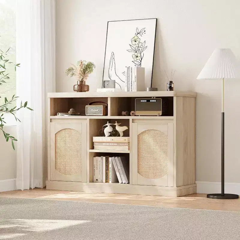 Buffet en bois et rotin avec 2 portes et 3 tiroirs, 130 cm (P) x 47 cm (L) x 22 cm (H)