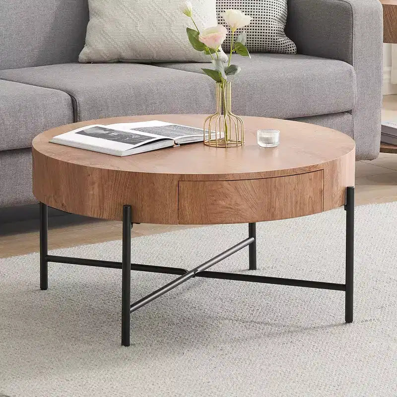 Table basse ronde en bois avec tiroirs, plateau de 2,5 cm d'épaisseur