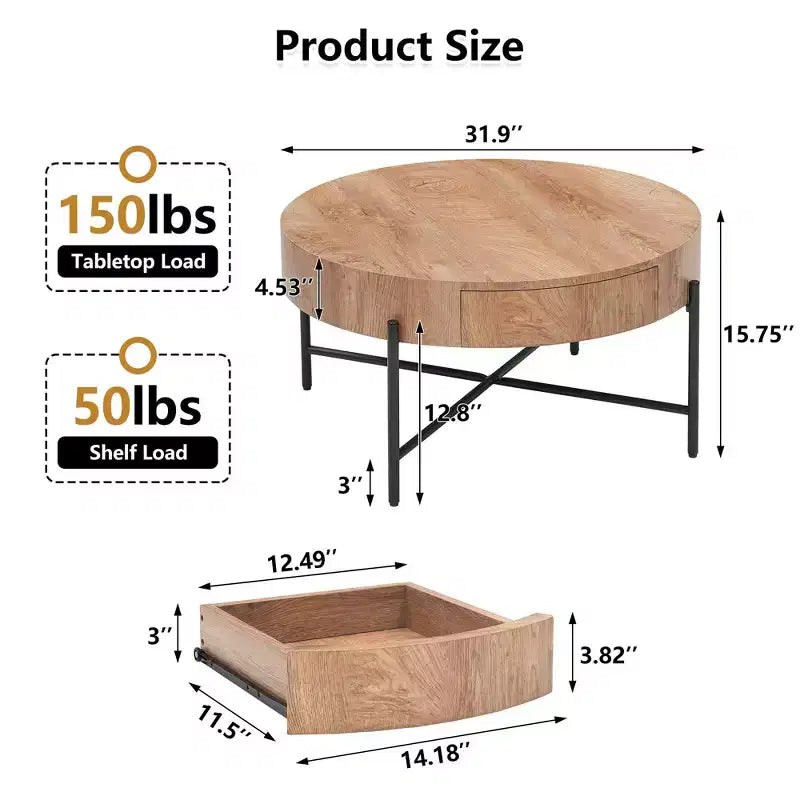 Table basse ronde en bois avec tiroirs, plateau de 2,5 cm d'épaisseur