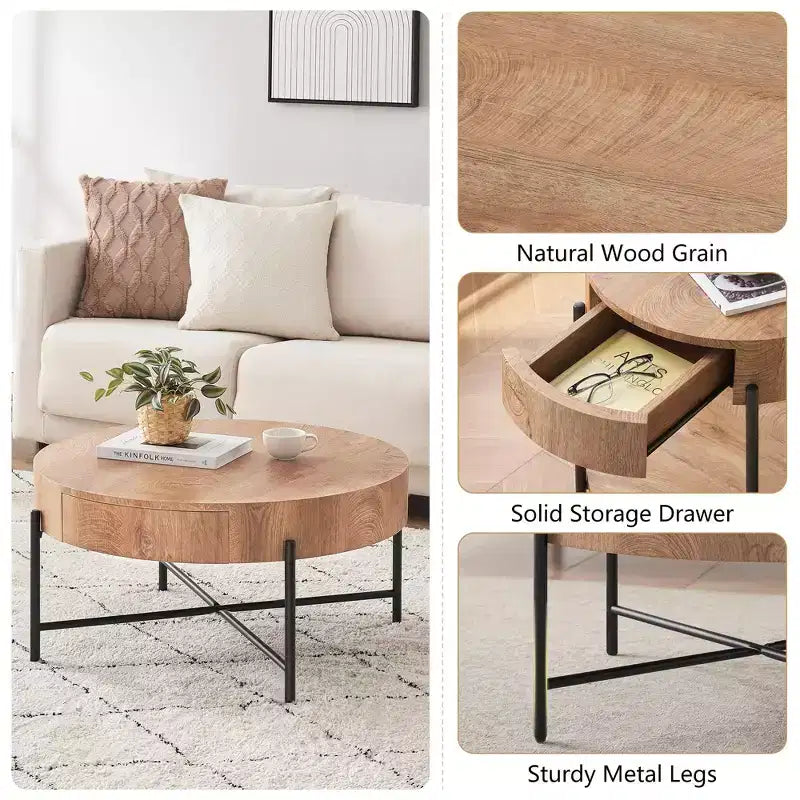 Table basse ronde en bois avec tiroirs, plateau de 2,5 cm d'épaisseur