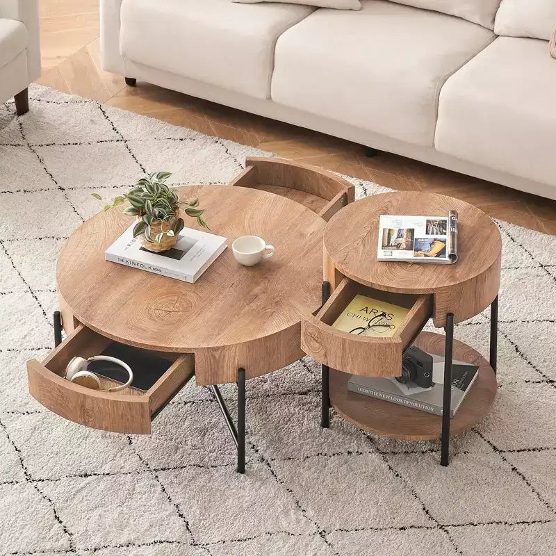 Table basse ronde en bois avec tiroirs, plateau de 2,5 cm d'épaisseur