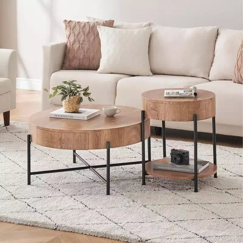 Table basse ronde en bois avec tiroirs, plateau de 2,5 cm d'épaisseur
