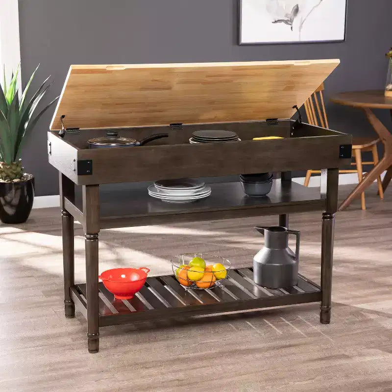 Îlot de cuisine en hévéa avec plateau en billot et étagères ouvertes, 89 cm H x 121 cm l x 56,5 cm P
