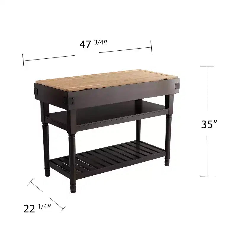 Îlot de cuisine en hévéa avec plateau en billot et étagères ouvertes, 89 cm H x 121 cm l x 56,5 cm P
