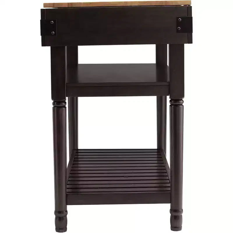 Îlot de cuisine en hévéa avec plateau en billot et étagères ouvertes, 89 cm H x 121 cm l x 56,5 cm P