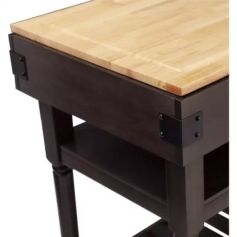 Îlot de cuisine en hévéa avec plateau en billot et étagères ouvertes, 89 cm H x 121 cm l x 56,5 cm P