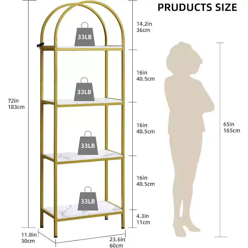 Étagère arquée à 4 niveaux en bois et métal, 160 cm (L) x 33 cm (P) x 56 cm (H)