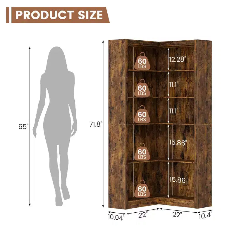 Bibliothèque d'angle en MDF en forme de L, 5 niveaux, 80 cm (L) x 80 cm (P) x 182,4 cm (H)