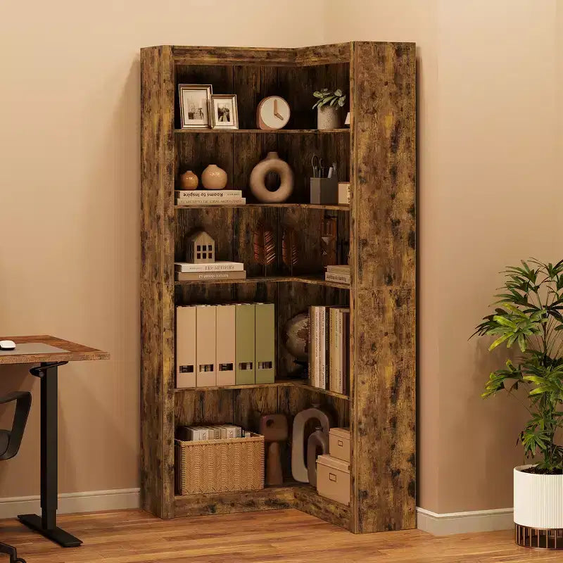 Bibliothèque d'angle en MDF en forme de L, 5 niveaux, 80 cm (L) x 80 cm (P) x 182,4 cm (H)