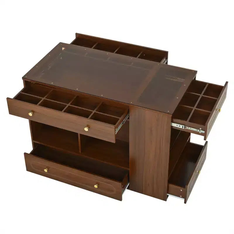 Îlot de placard en bois et MDF avec plateau en verre, 6 tiroirs et étagères ouvertes, 120,1 cm (L) x 84,8 cm (H) x 59,9 cm (P)