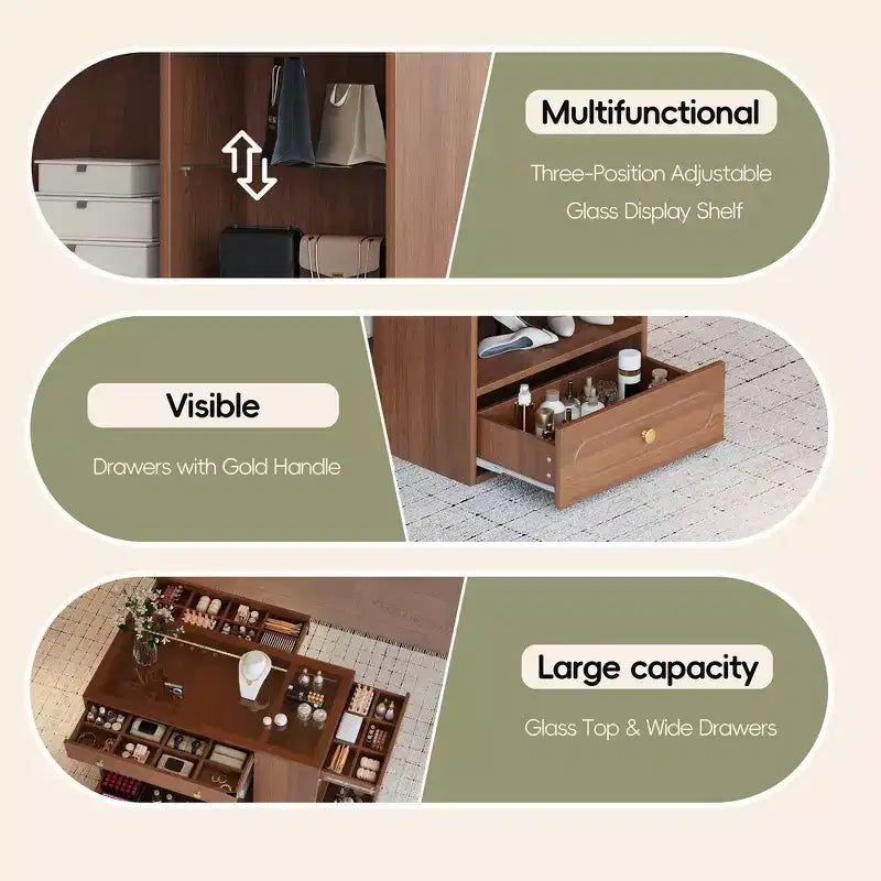 Îlot de placard en bois et MDF avec plateau en verre, 6 tiroirs et étagères ouvertes, 120,1 cm (L) x 84,8 cm (H) x 59,9 cm (P)