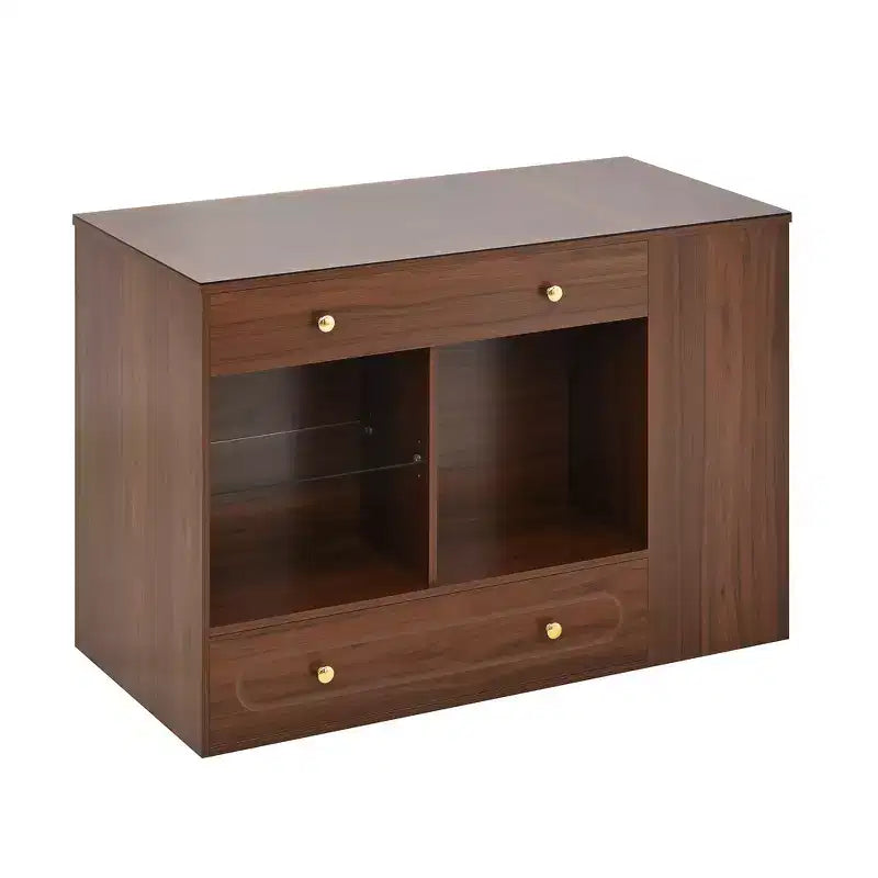 Îlot de placard en bois et MDF avec plateau en verre, 6 tiroirs et étagères ouvertes, 120,1 cm (L) x 84,8 cm (H) x 59,9 cm (P)