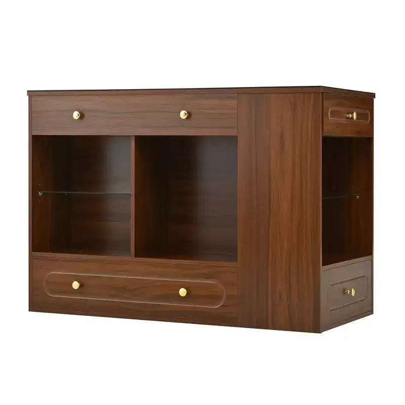 Îlot de placard en bois et MDF avec plateau en verre, 6 tiroirs et étagères ouvertes, 120,1 cm (L) x 84,8 cm (H) x 59,9 cm (P)