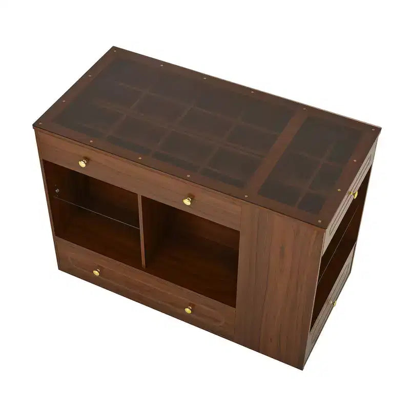 Îlot de placard en bois et MDF avec plateau en verre, 6 tiroirs et étagères ouvertes, 120,1 cm (L) x 84,8 cm (H) x 59,9 cm (P)