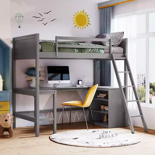 Bellemave Twin size Loft Bed with Shelves and Desk, Wooden Loft Bed with Desk - Gray