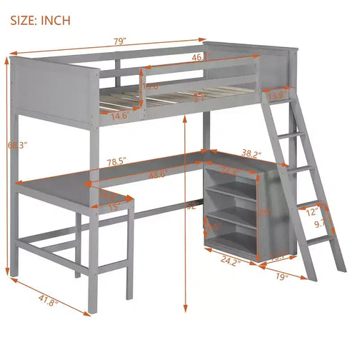 Lit mezzanine Bellemave deux places avec étagères et bureau, Lit mezzanine en bois avec bureau - Gris