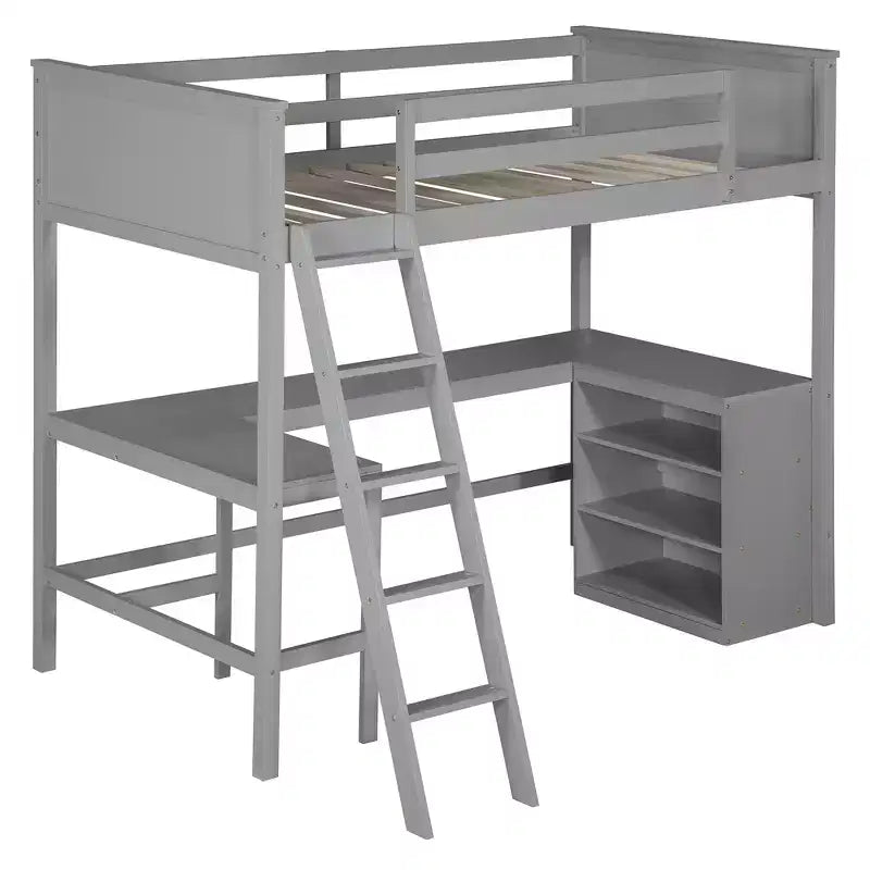 Lit mezzanine Bellemave deux places avec étagères et bureau, Lit mezzanine en bois avec bureau - Gris