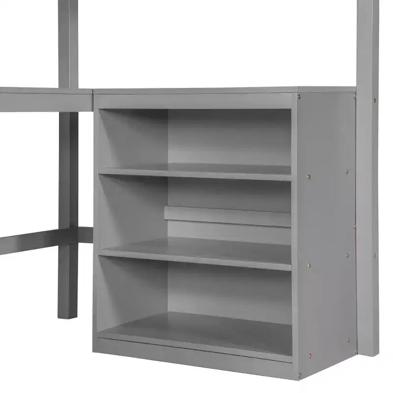 Lit mezzanine Bellemave deux places avec étagères et bureau, Lit mezzanine en bois avec bureau - Gris