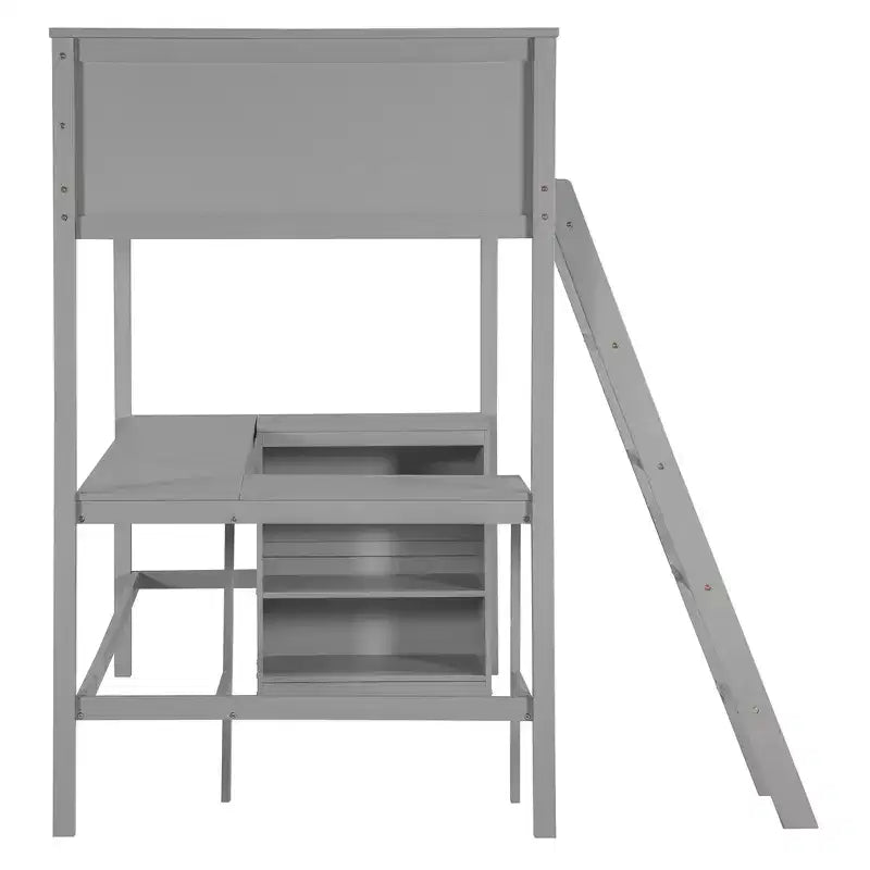 Lit mezzanine Bellemave deux places avec étagères et bureau, Lit mezzanine en bois avec bureau - Gris