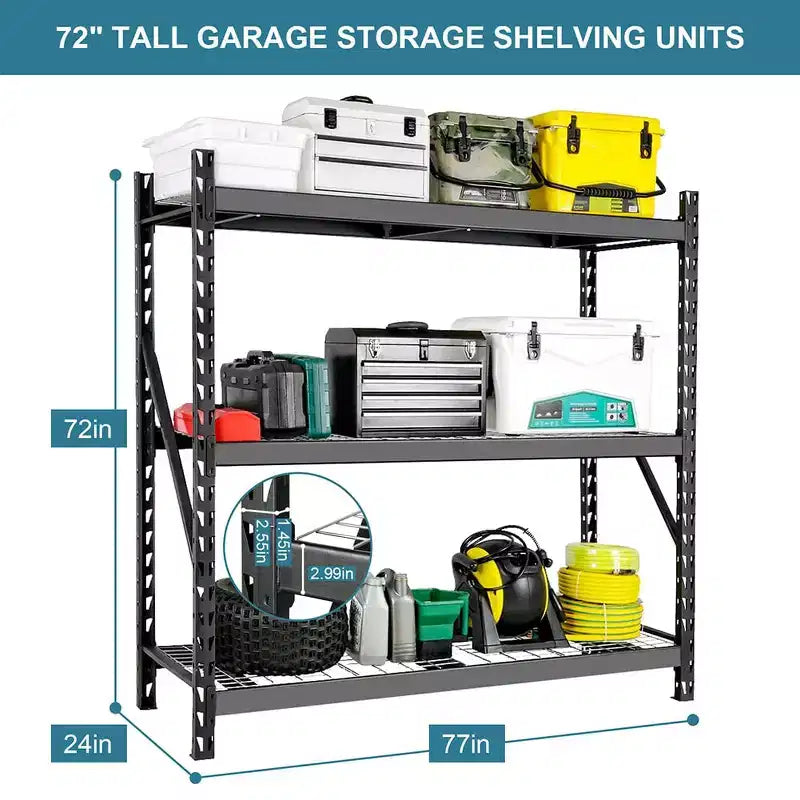 Étagère de garage robuste noire à 3 niveaux C, capacité de 2721 kg, hauteur réglable pour entrepôt/sous-sol (1 paquet)