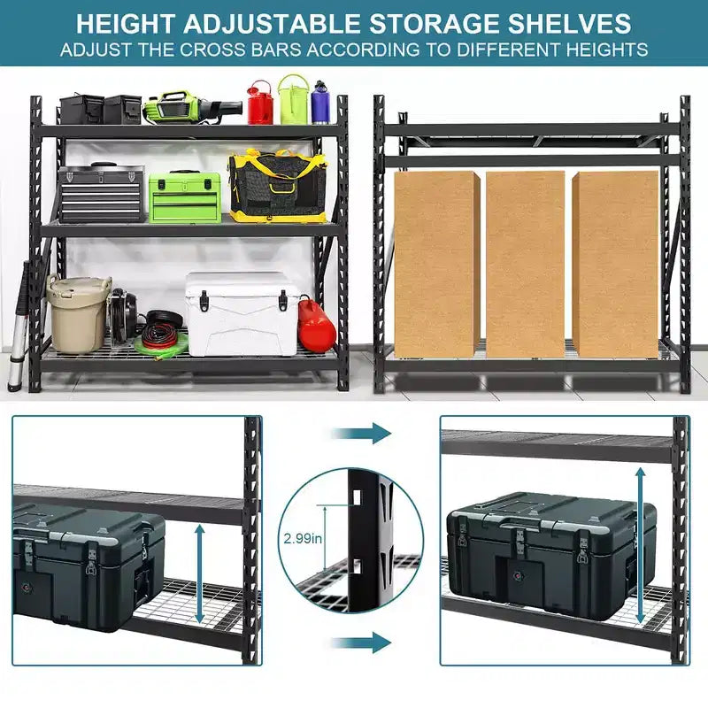 Étagère de garage robuste noire à 3 niveaux C, capacité de 2721 kg, hauteur réglable pour entrepôt/sous-sol (1 paquet)