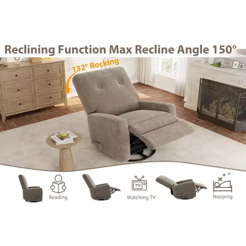 Fauteuil inclinable de garderie, fauteuil à bascule pivotant à 360° pour adultes avec dossier et repose-pieds réglables, fauteuil confortable en lin rembourré pour chambres à coucher
