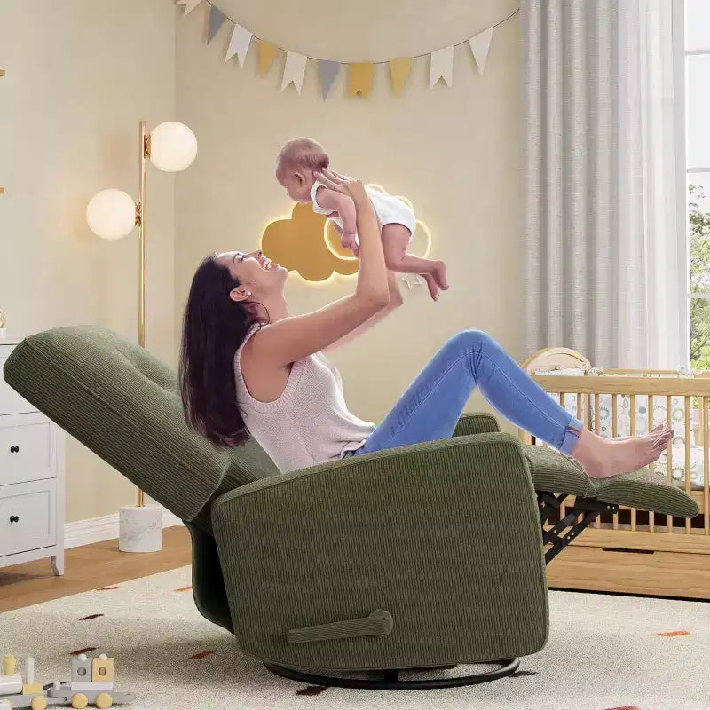 Fauteuil inclinable de garderie, fauteuil à bascule pivotant à 360° pour adultes avec dossier et repose-pieds réglables, fauteuil confortable en lin rembourré pour chambres à coucher