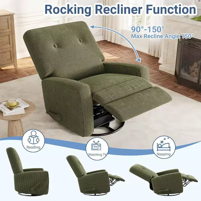 Fauteuil inclinable de garderie, fauteuil à bascule pivotant à 360° pour adultes avec dossier et repose-pieds réglables, fauteuil confortable en lin rembourré pour chambres à coucher