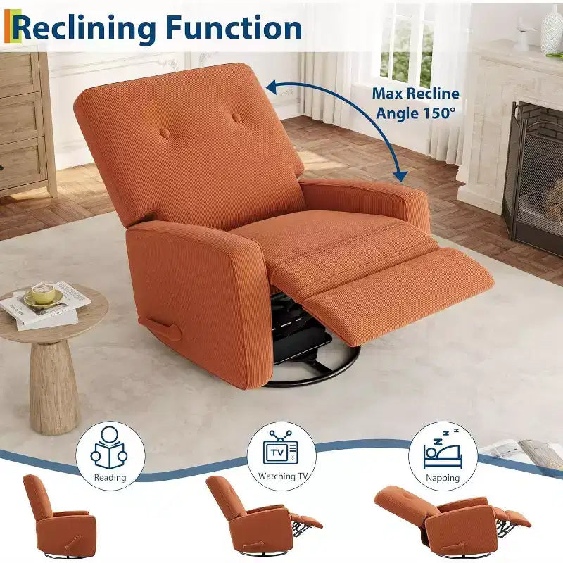Fauteuil inclinable de garderie, fauteuil à bascule pivotant à 360° pour adultes avec dossier et repose-pieds réglables, fauteuil confortable en lin rembourré pour chambres à coucher
