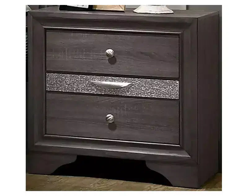 Table de chevet contemporaine 1 pièce, finition grise, accents argentés, tiroir à bijoux caché, bouton rond en nickel, meuble de chambre.