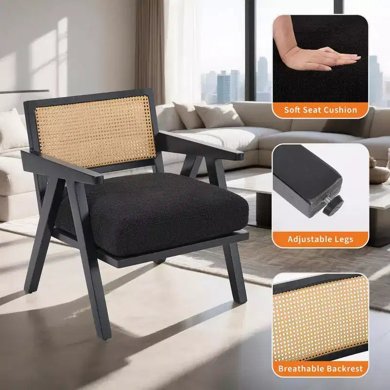 Fauteuil d'appoint en bois et rotin avec coussin en lin, H 75 x L 69 x P 68 cm