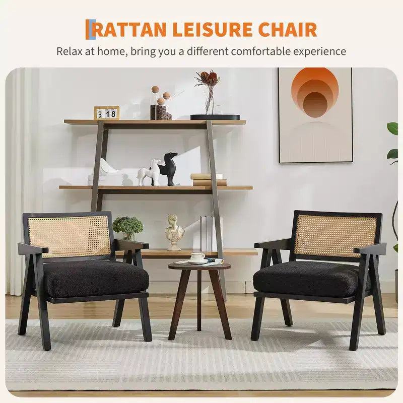 Fauteuil d'appoint en bois et rotin avec coussin en lin, H 75 x L 69 x P 68 cm