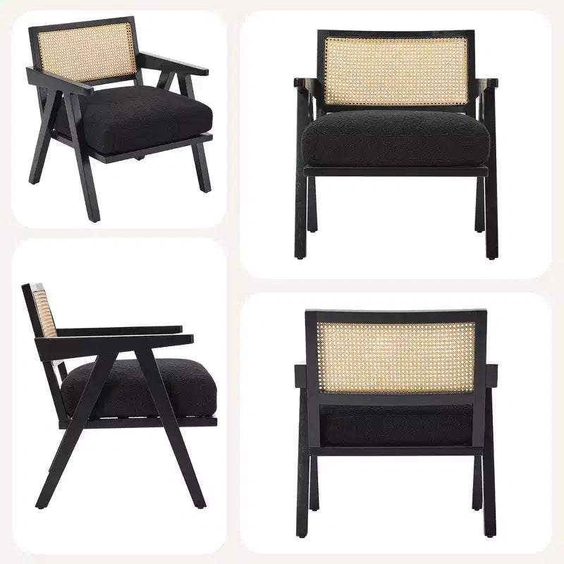 Fauteuil d'appoint en bois et rotin avec coussin en lin, H 75 x L 69 x P 68 cm