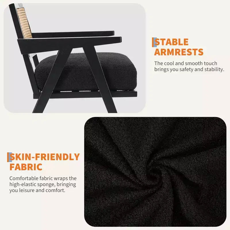 Fauteuil d'appoint en bois et rotin avec coussin en lin, H 75 x L 69 x P 68 cm