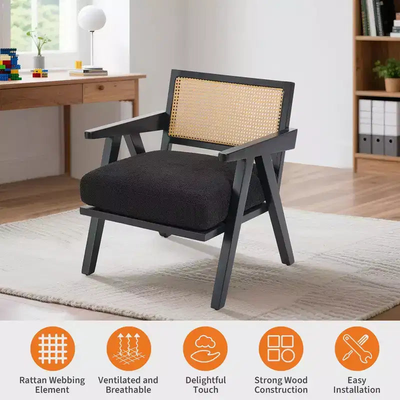 Fauteuil d'appoint en bois et rotin avec coussin en lin, H 75 x L 69 x P 68 cm