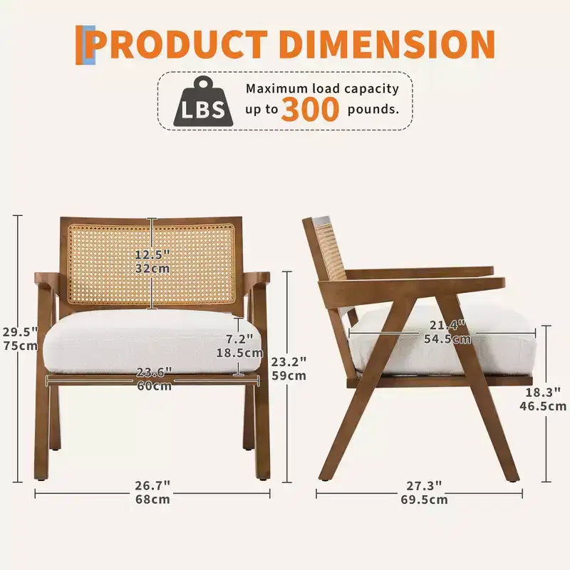 Fauteuil d'appoint en bois et rotin avec coussin en lin, H 75 x L 69 x P 68 cm