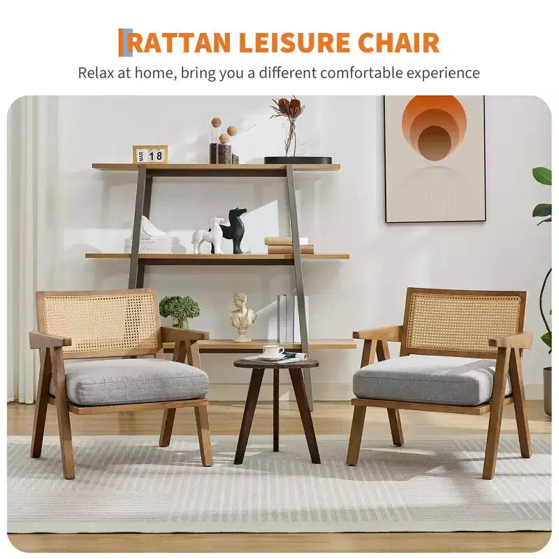 Fauteuil d'appoint en bois et rotin avec coussin en lin, H 75 x L 69 x P 68 cm