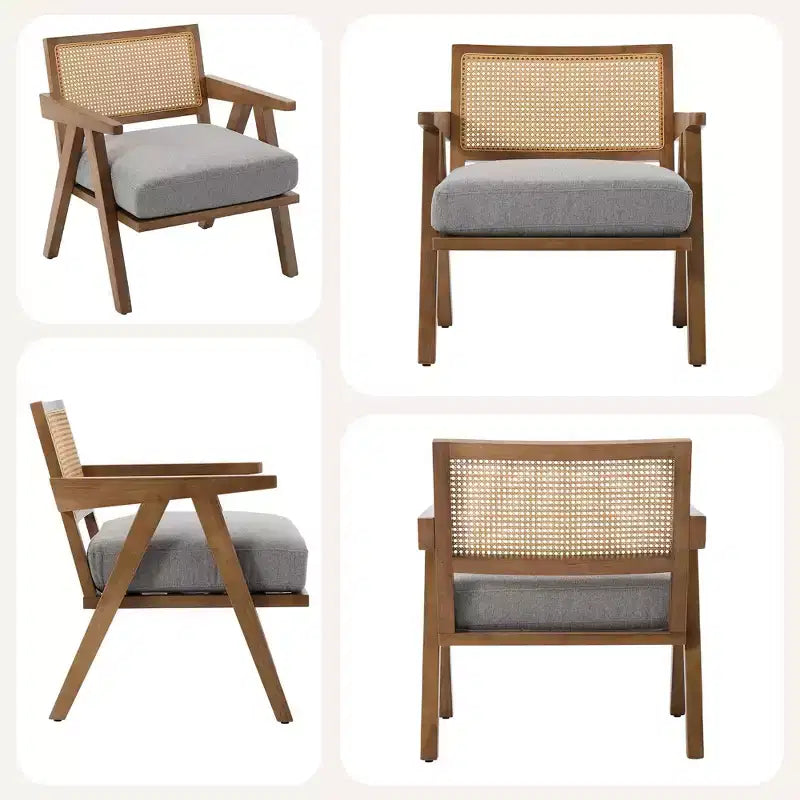 Fauteuil d'appoint en bois et rotin avec coussin en lin, H 75 x L 69 x P 68 cm