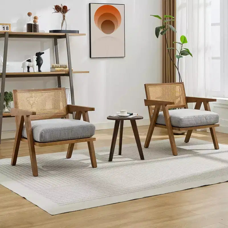 Fauteuil d'appoint en bois et rotin avec coussin en lin, H 75 x L 69 x P 68 cm