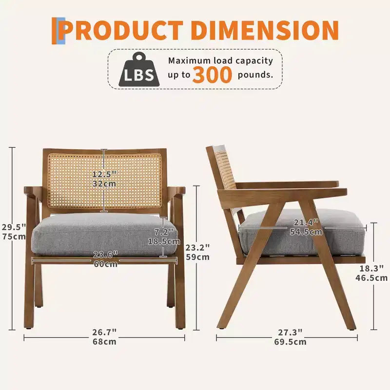Fauteuil d'appoint en bois et rotin avec coussin en lin, H 75 x L 69 x P 68 cm