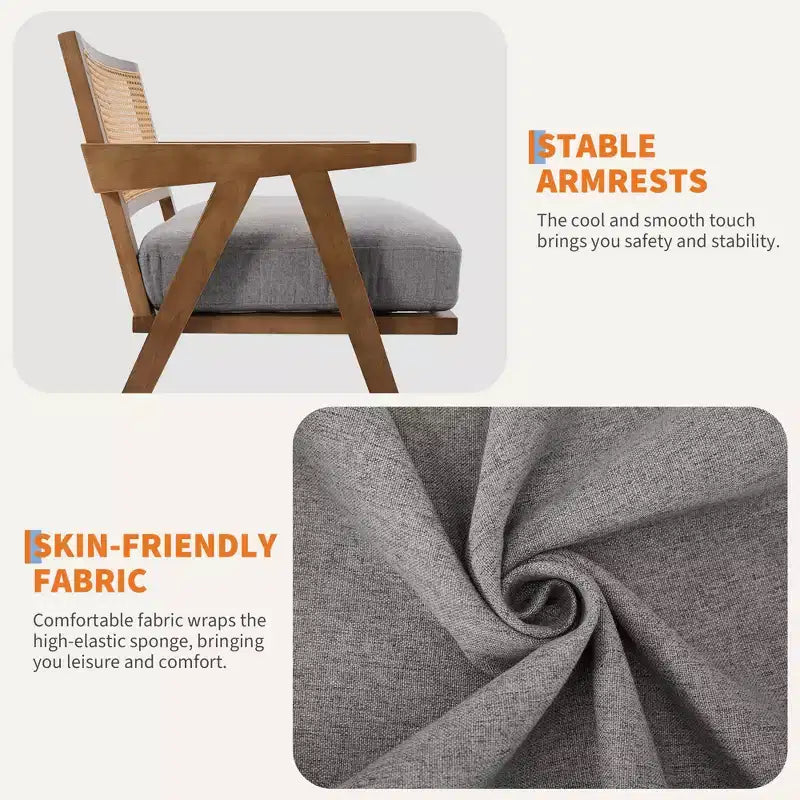 Fauteuil d'appoint en bois et rotin avec coussin en lin, H 75 x L 69 x P 68 cm