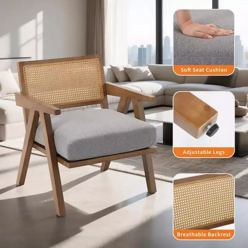 Fauteuil d'appoint en bois et rotin avec coussin en lin, H 75 x L 69 x P 68 cm