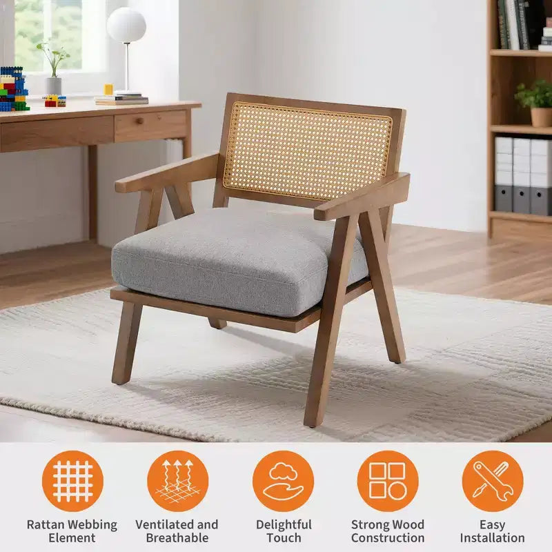 Fauteuil d'appoint en bois et rotin avec coussin en lin, H 75 x L 69 x P 68 cm
