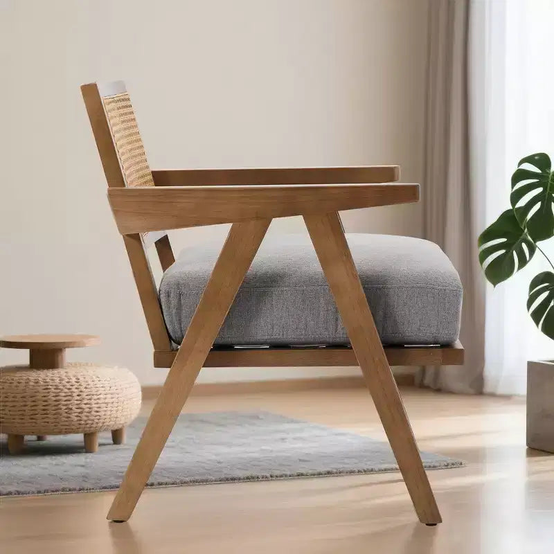 Fauteuil d'appoint en bois et rotin avec coussin en lin, H 75 x L 69 x P 68 cm