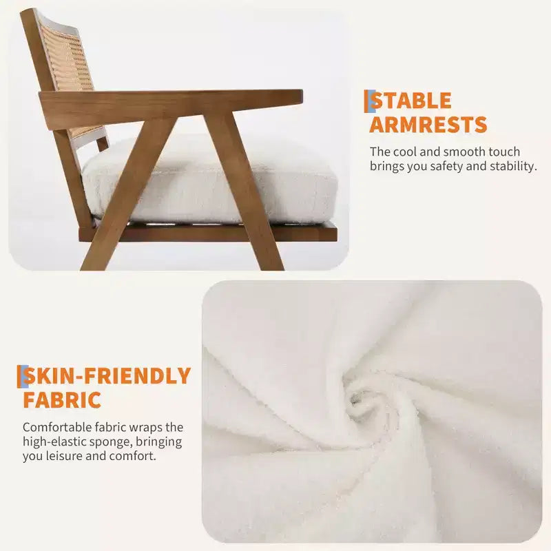 Fauteuil d'appoint en bois et rotin avec coussin en lin, H 75 x L 69 x P 68 cm