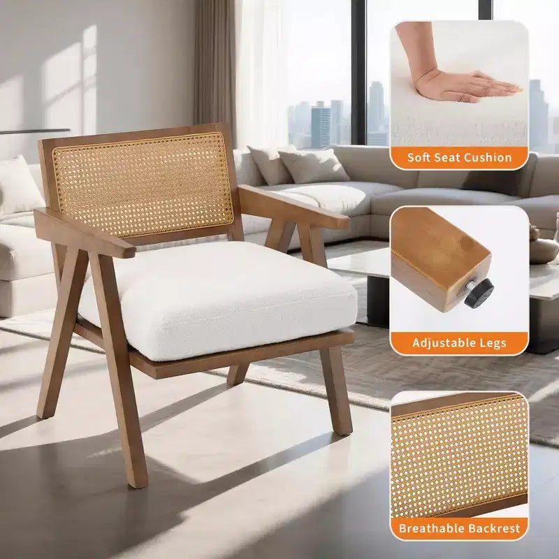 Fauteuil d'appoint en bois et rotin avec coussin en lin, H 75 x L 69 x P 68 cm
