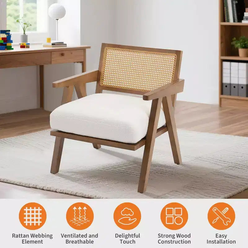 Fauteuil d'appoint en bois et rotin avec coussin en lin, H 75 x L 69 x P 68 cm